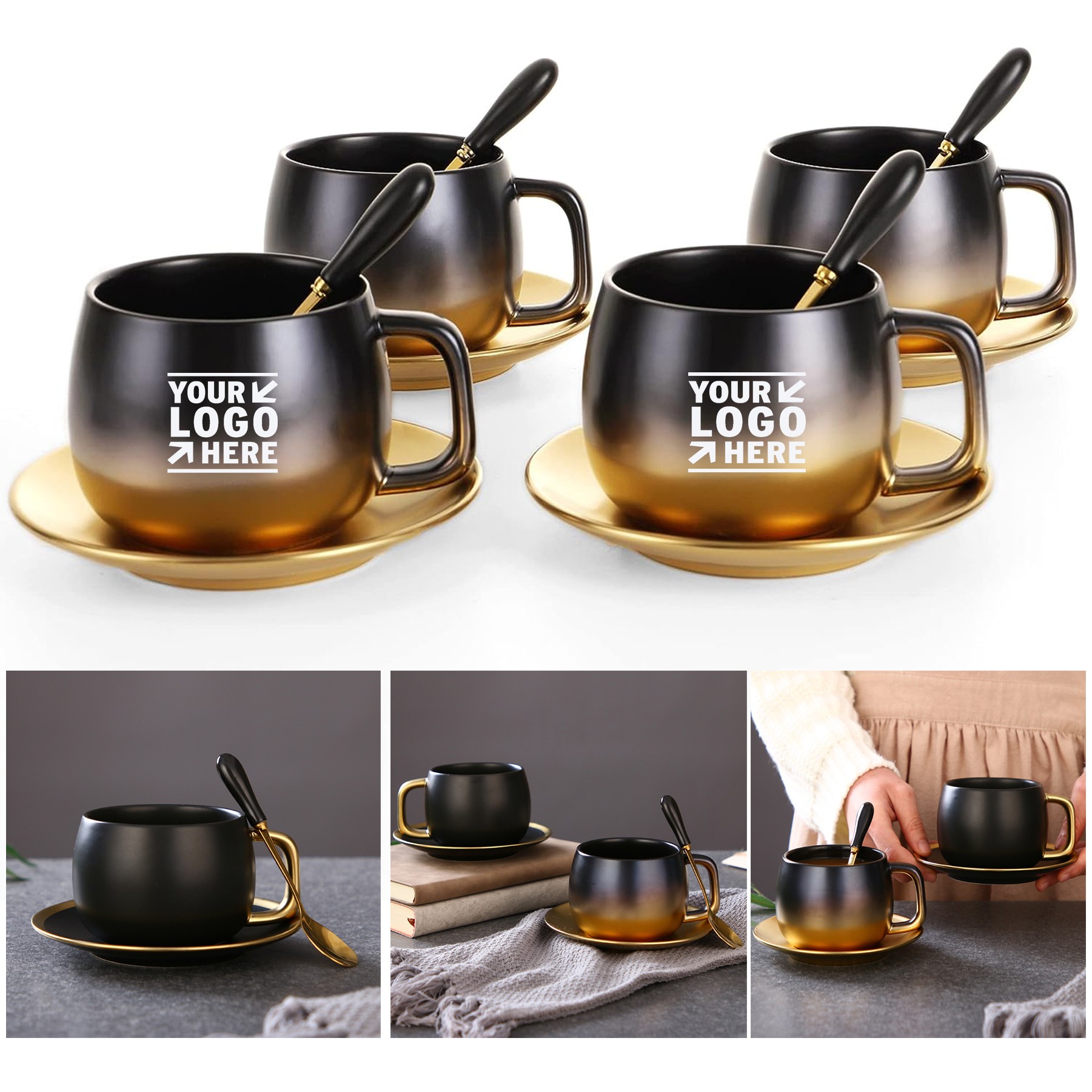 European Style Tea Black Gold Gradual Vintage Ceramic Cup Set Coffee Mug With Spoon Saucer 3