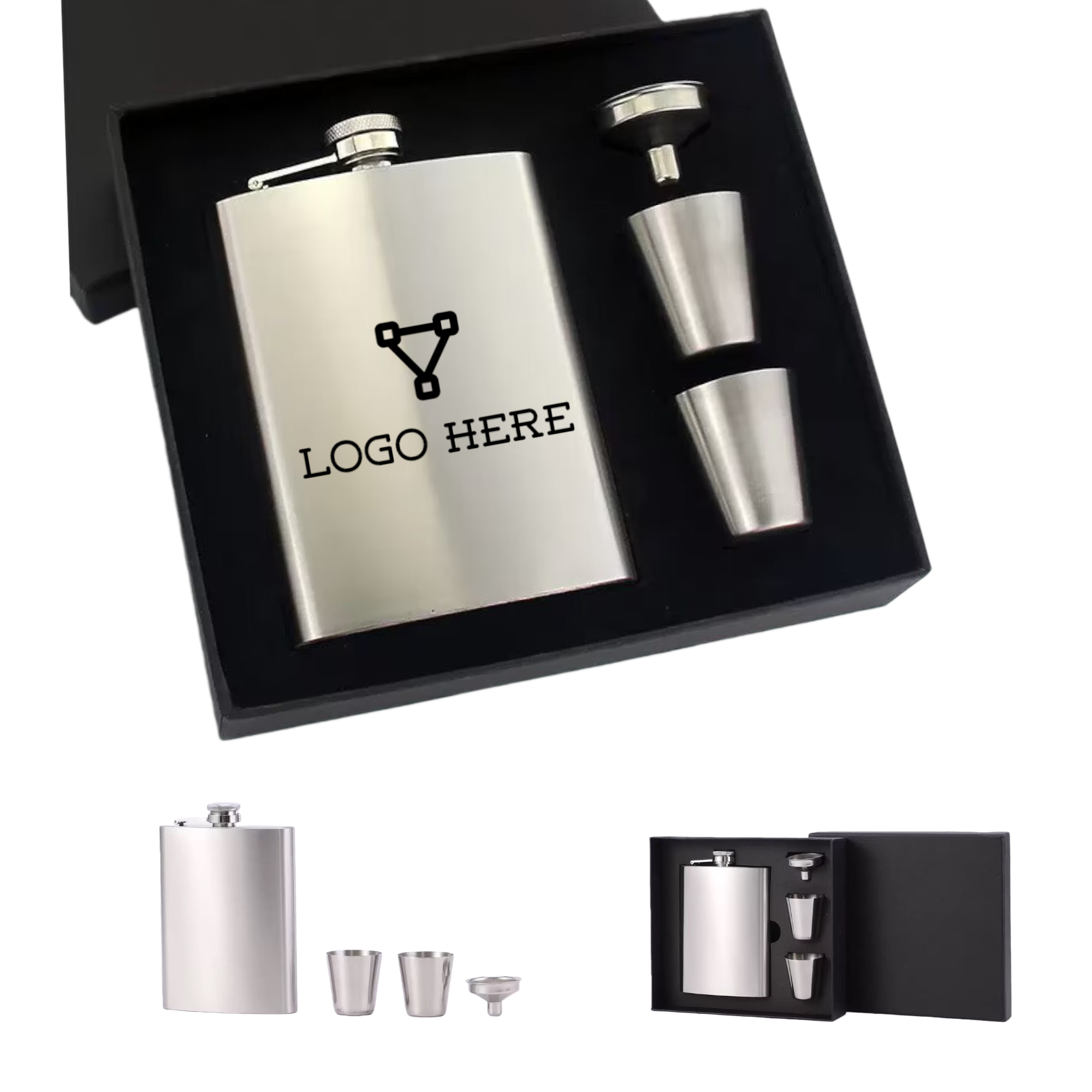 Stainless Steel Dark Brown Leatherette Flask Gift Set 1