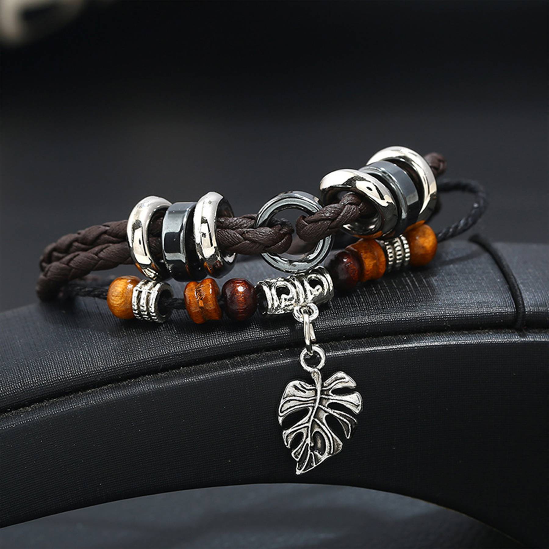 PU Multi-layered woven leaf pendant men's bracelet 3
