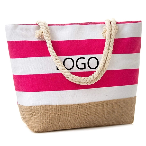Striped beach canvas jute tote bag with rope handle, custom tote bag with logo imprint 6