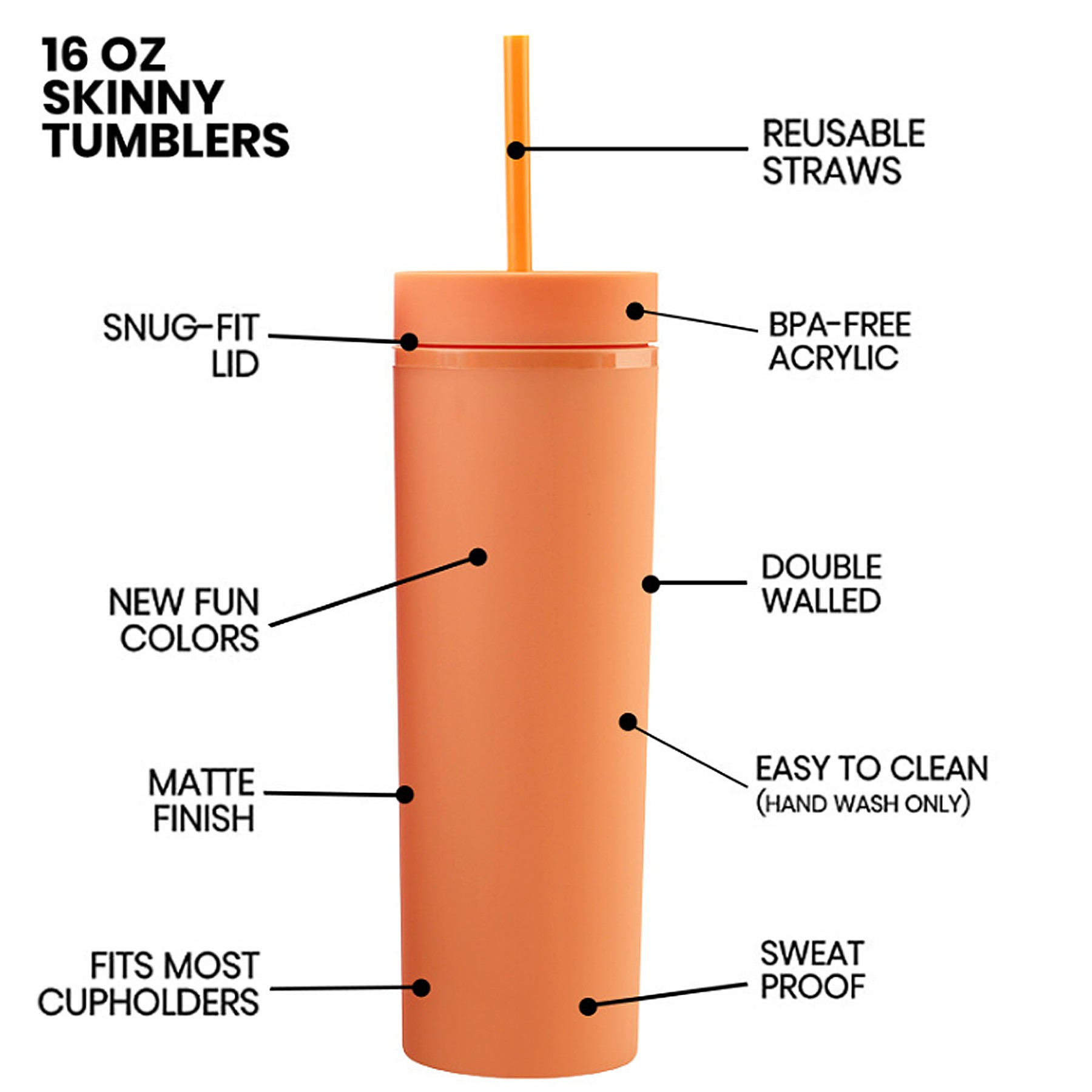 16oz Skinny Tumblers Double Wall Plastic Cup With Lids Straws 2
