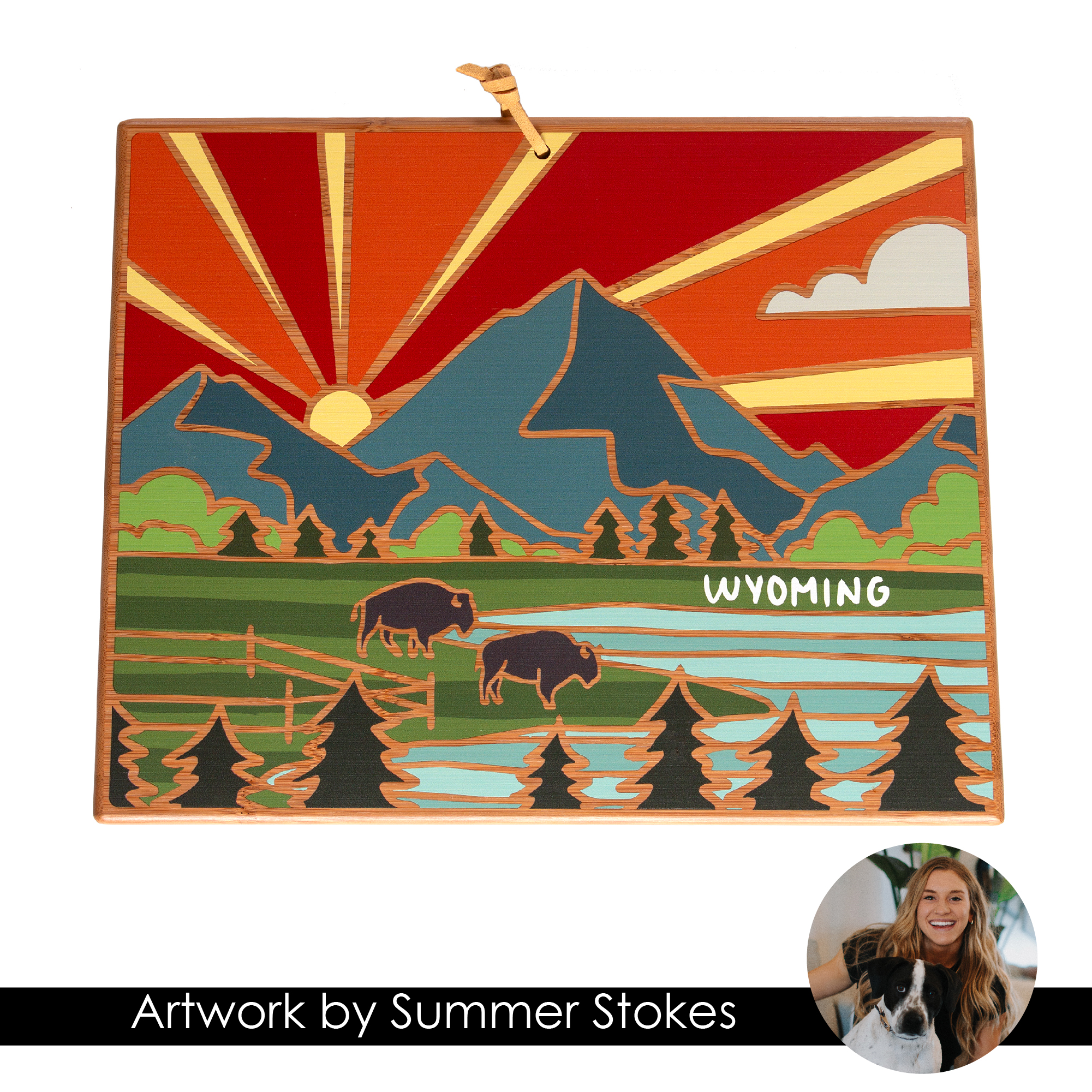 Wyoming State Shaped Serving and Cutting Board with Artwork by Summer Stokes 1
