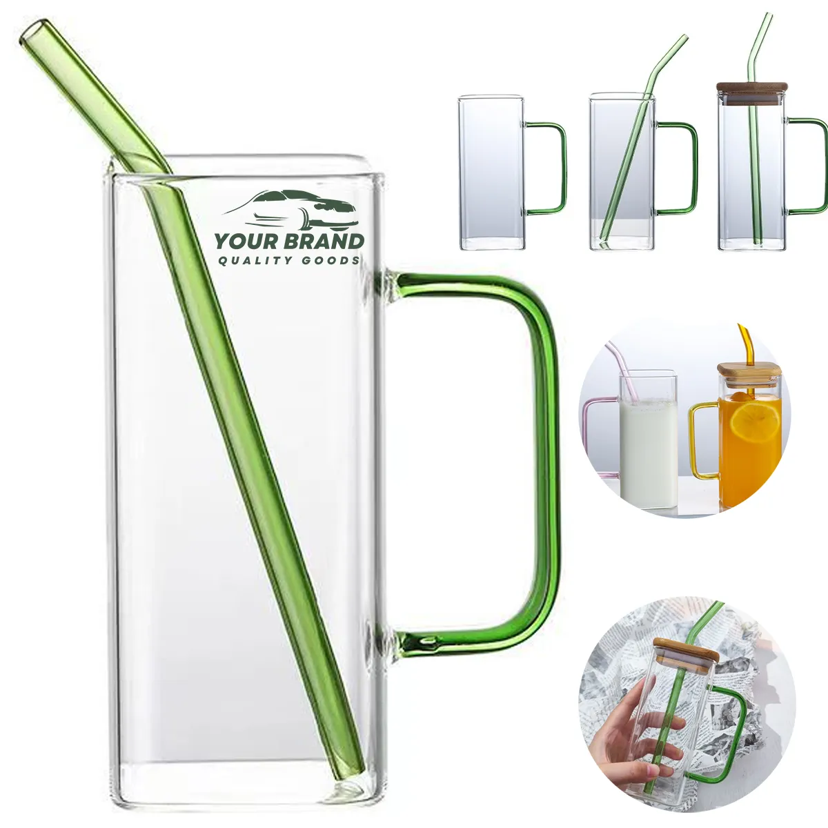 13.5OZ.Water Beverage Clear Glass Cups Pot w/Straw&Lid 6