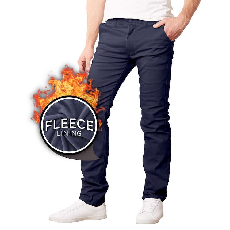 Fleece-Lined Stretch Chino Pants - Navy Size 30-40 31" Inseam