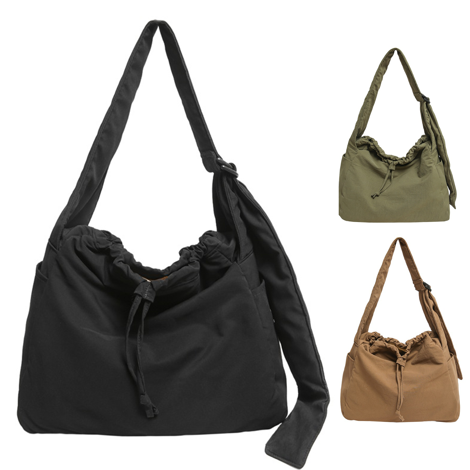 Water Resistant Nylon Drawstring Crossbody Tote Bag 5