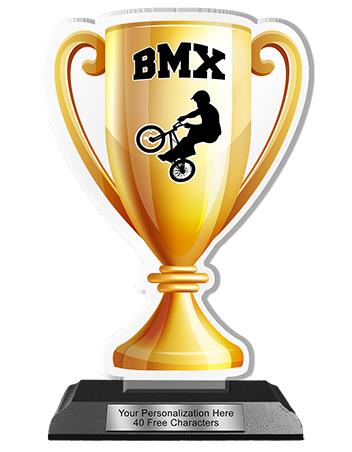 Acrylic Trophy: 6" Cup, BMX Design, 3x5" Bla 2