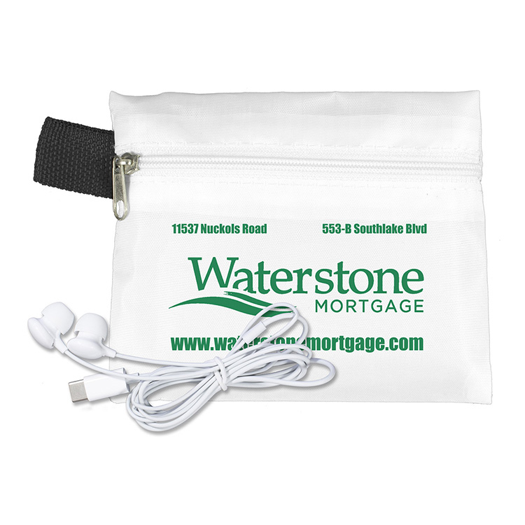 Mobile Tech Earbud Kit In Zipper Pouch Components inserted into Polyester Zipper Pouch 17