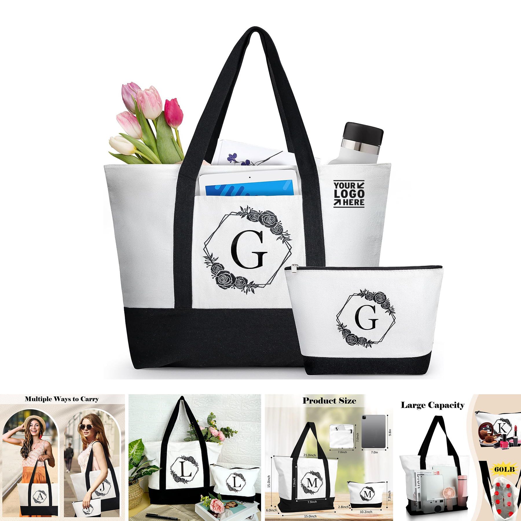 Womens Canvas Monogrammed Reusable 30th Birthday Gift Personalized Tote Beach Makeup Bag