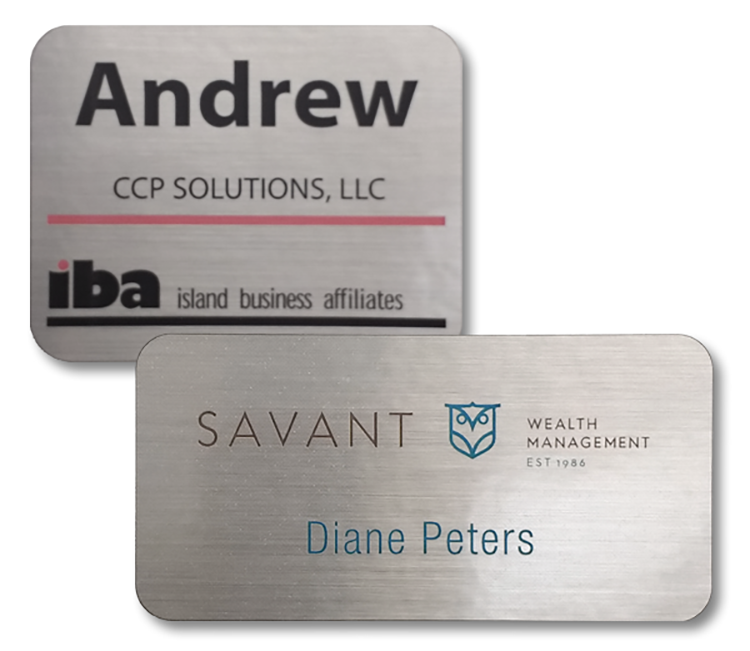The Zeus full color metallic plastic name badge up to 9 sq" 1