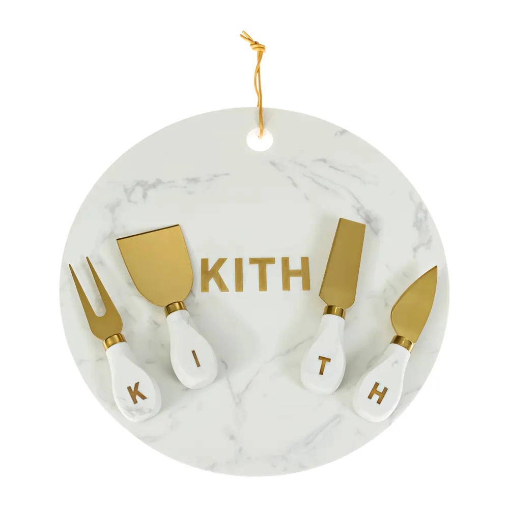Marble Tray and Cheese Fork Set with Brass Inset Logo 3