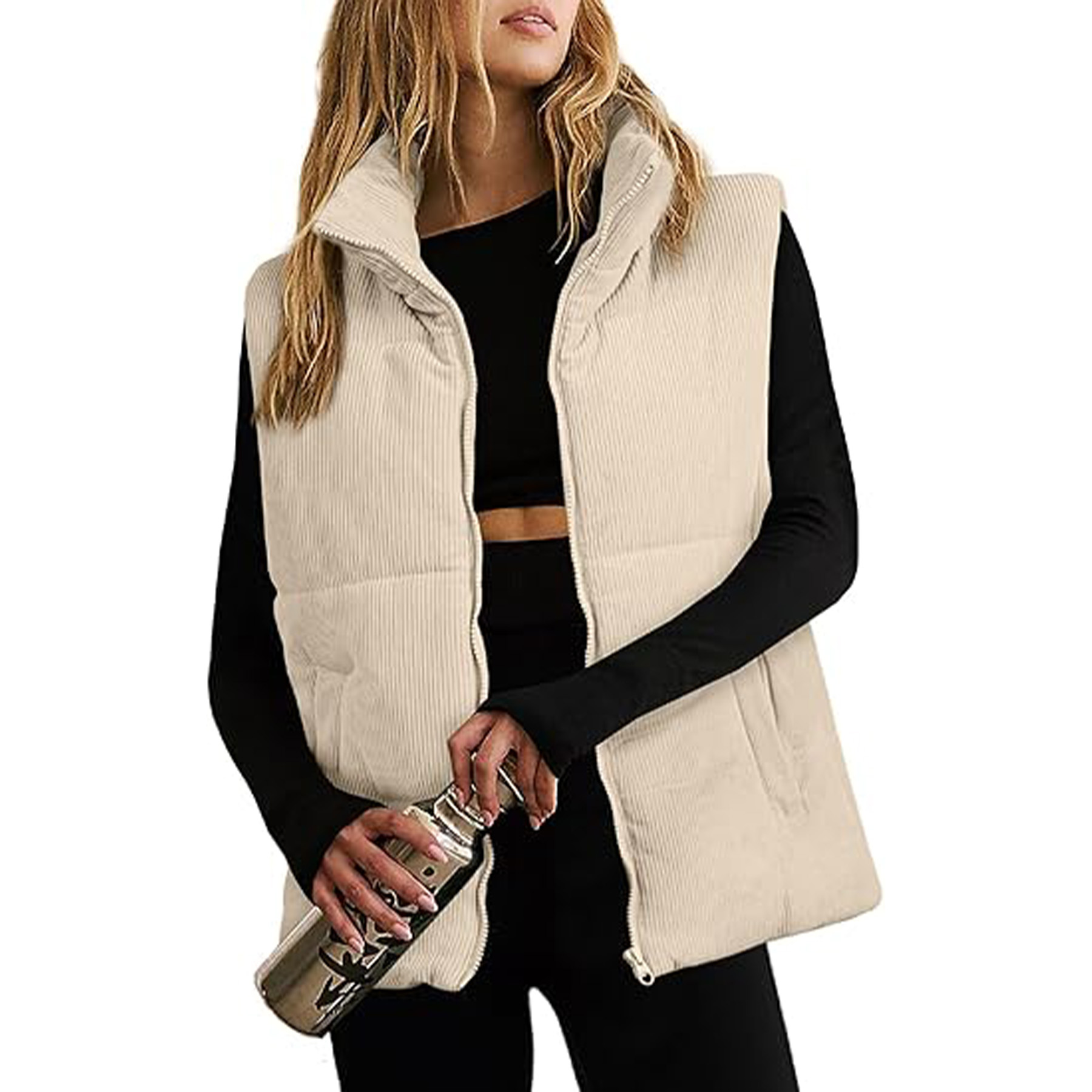 Corduroy Stand Collar Sleeveless Jacket 2