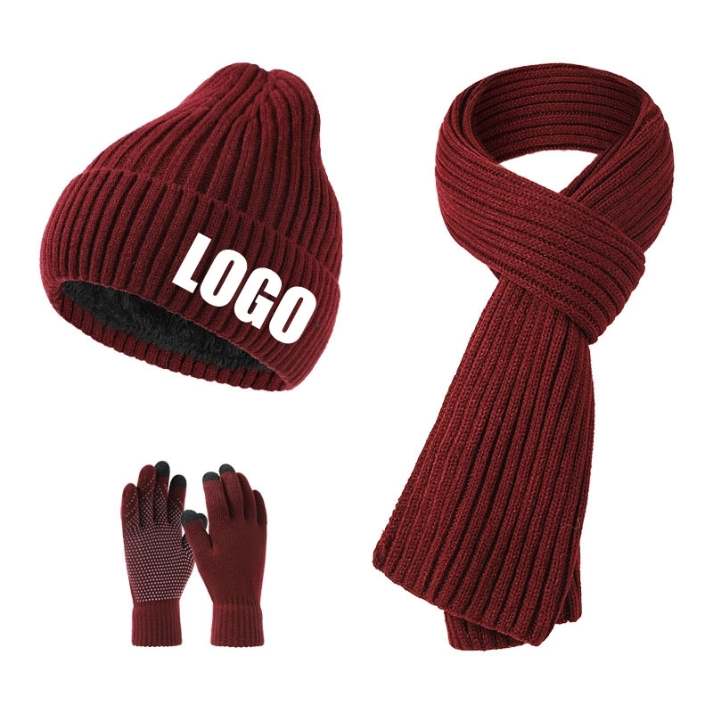 Custom Winter Knit Hat Beanie Long Scarf Gloves Set 2