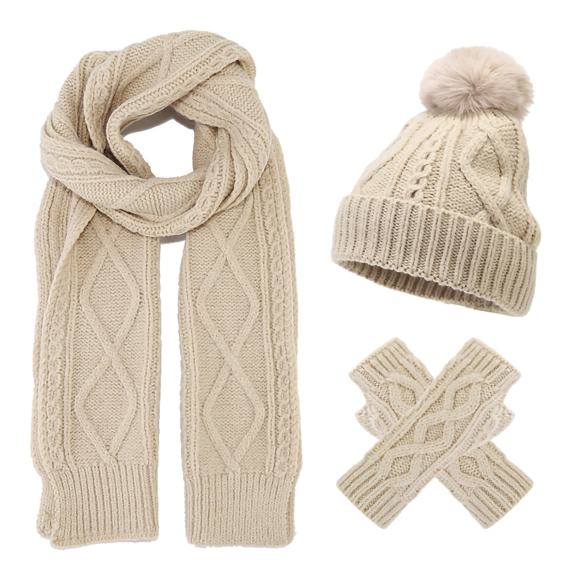 Winter 3Pcs Knit Long Scarf Touch Screen Gloves Set 4