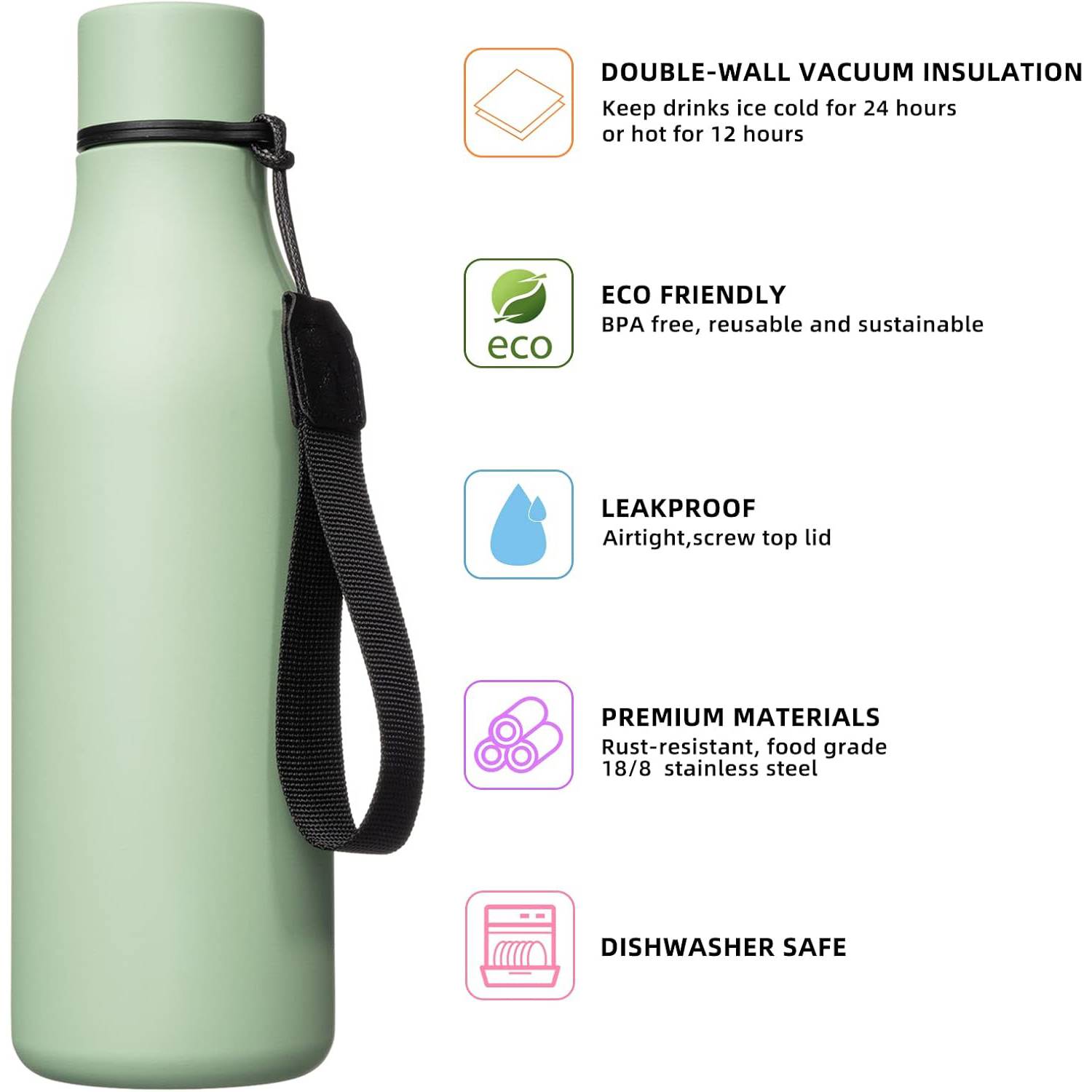 20oz Stainless Steel Insulated Water Bottles w/ Strap, custom water bottle with logo imprint 8
