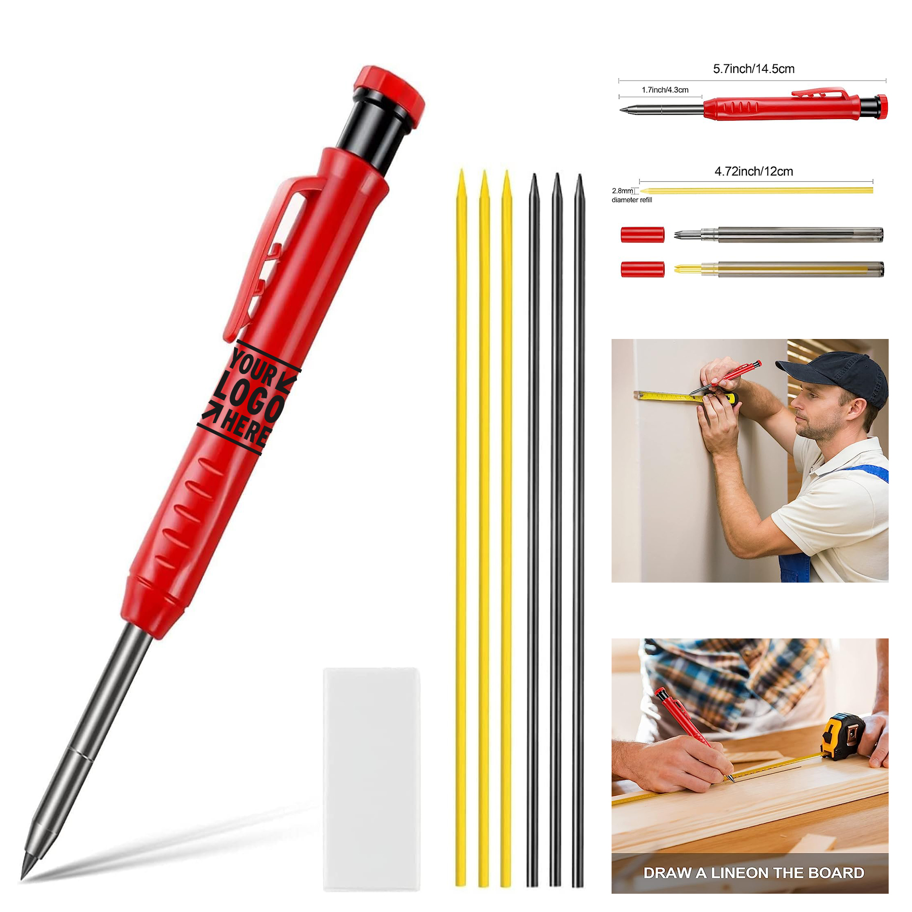 Solid Carpenter Pencil Set with 6 Refill Built-in Sharpener