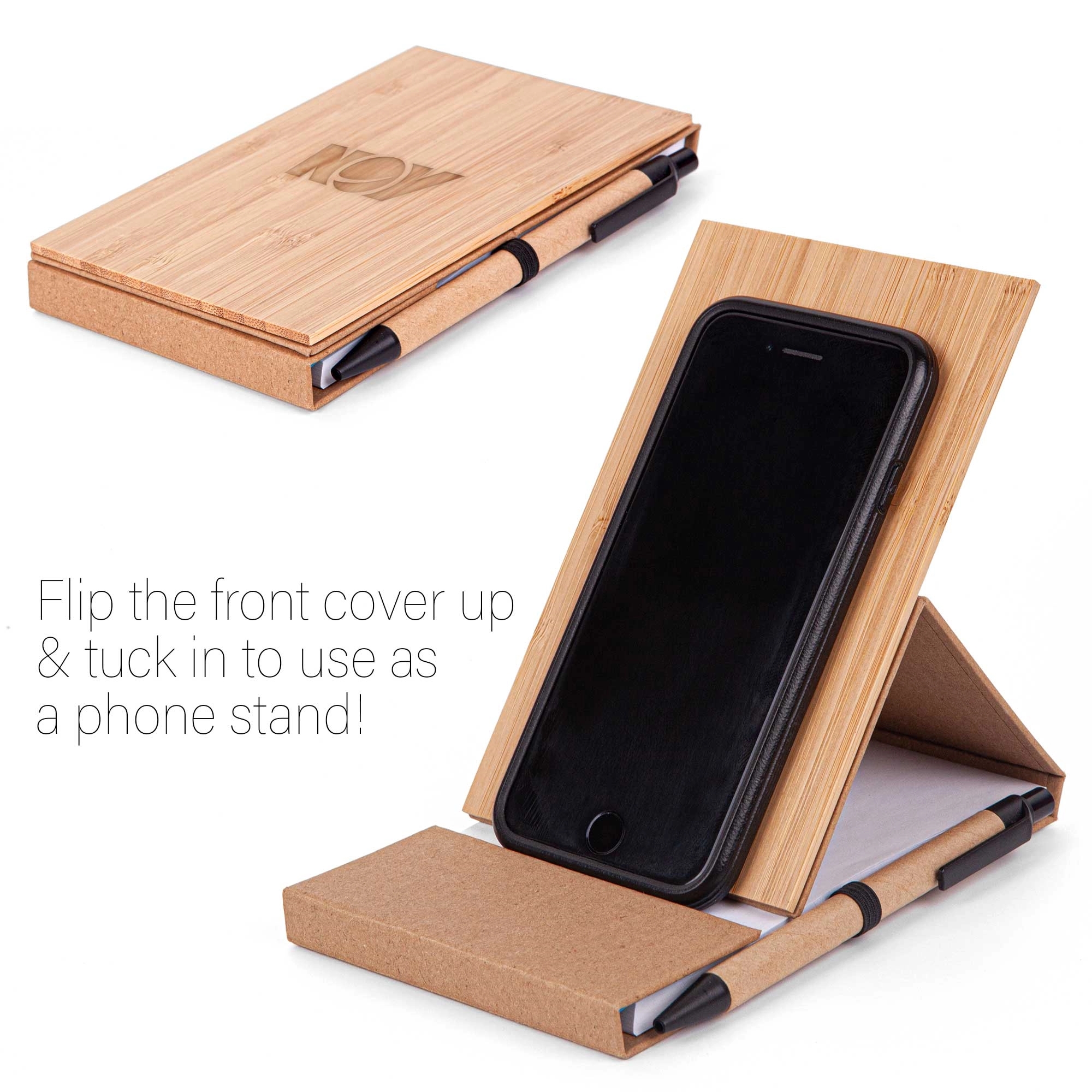 4x6 Bamboo Phone Holder Notepad & Pen Set with Sticky Notes 2