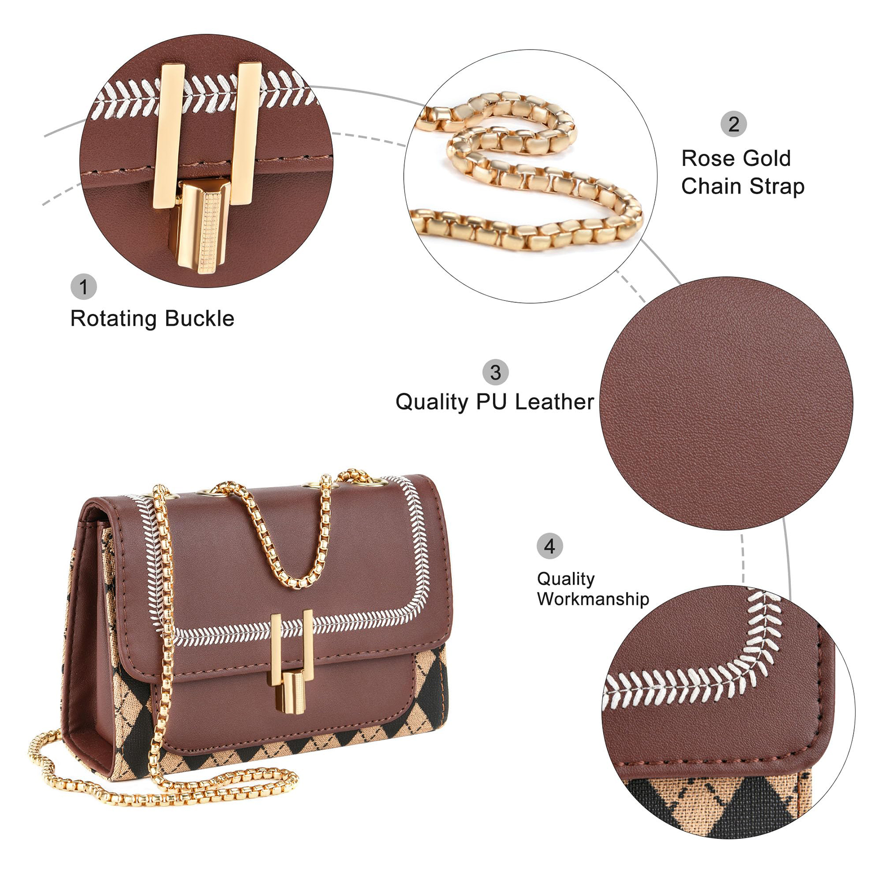 Pu Trendy Crossbody Bags with Chain Strap women Brown 5