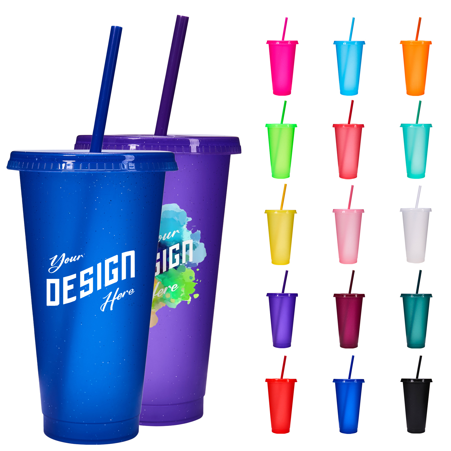 24 Oz Reusable Colorful Glitter Plastic Straw Cup W/ Splash Proof Lid 9