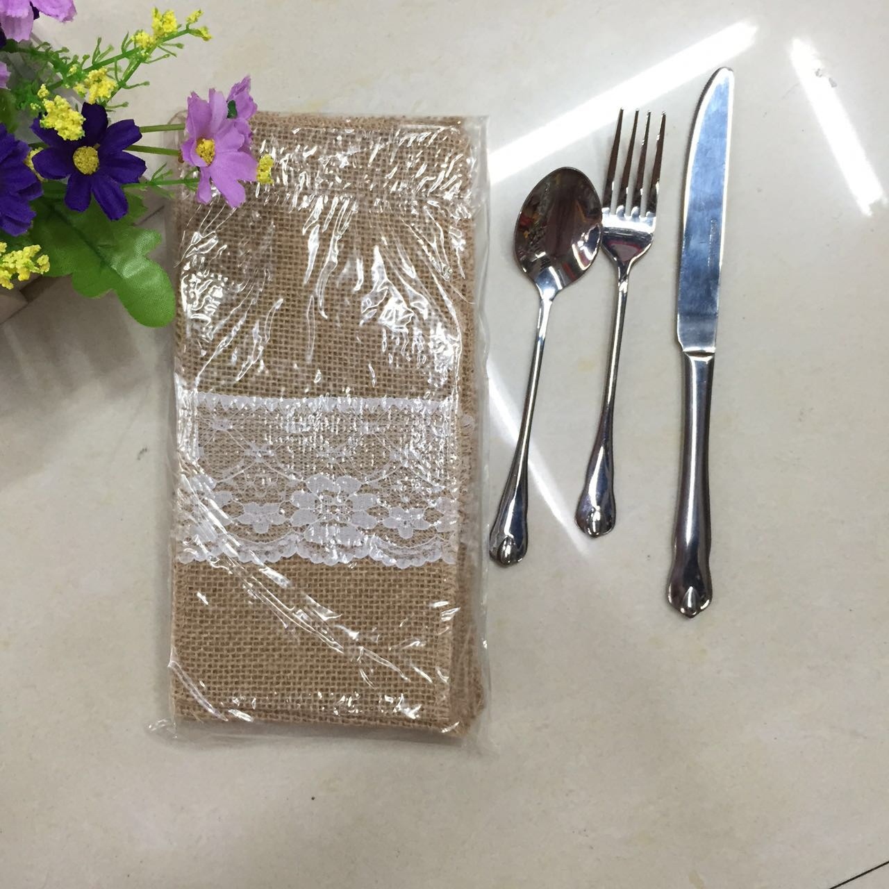 Natural Burlap Lace Cutlery Bag 11