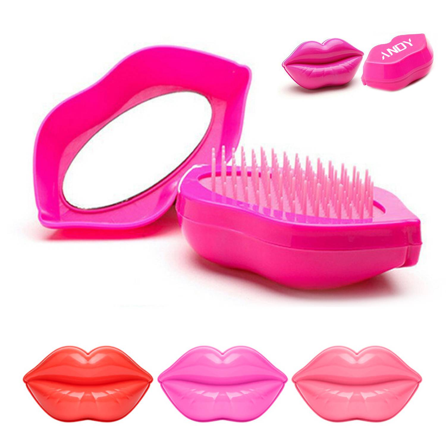 2-In-1 Lip-Shaped Foldable Mirror w/ Hair Brush 1