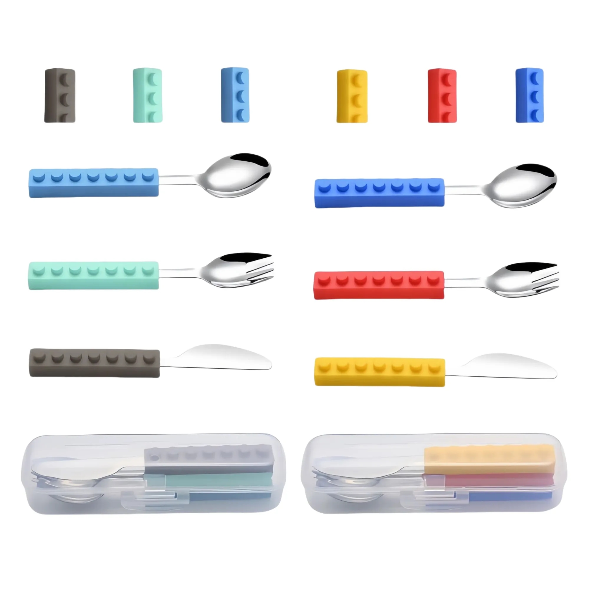 3 Piece Building Blocks Silicone Handle Kids' Tableware Set 3