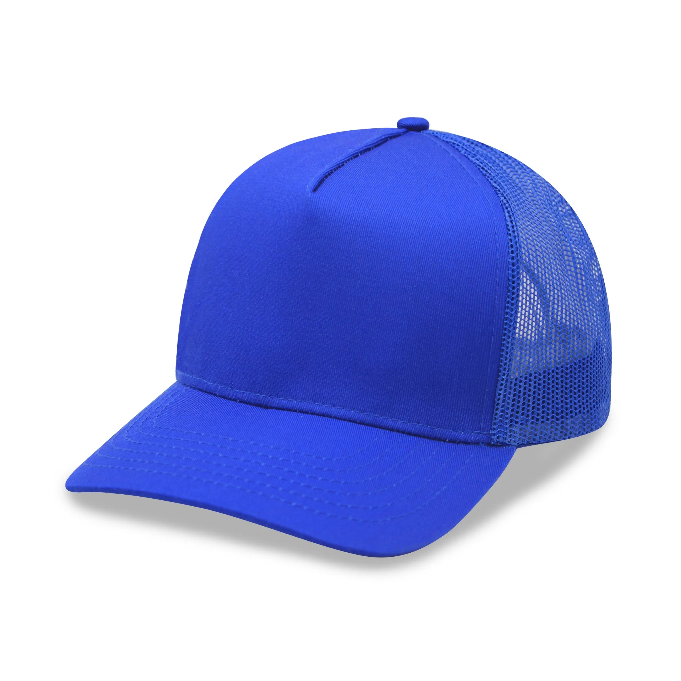 A frame 5 Panel High Profile Curved Visor Trucker Cap