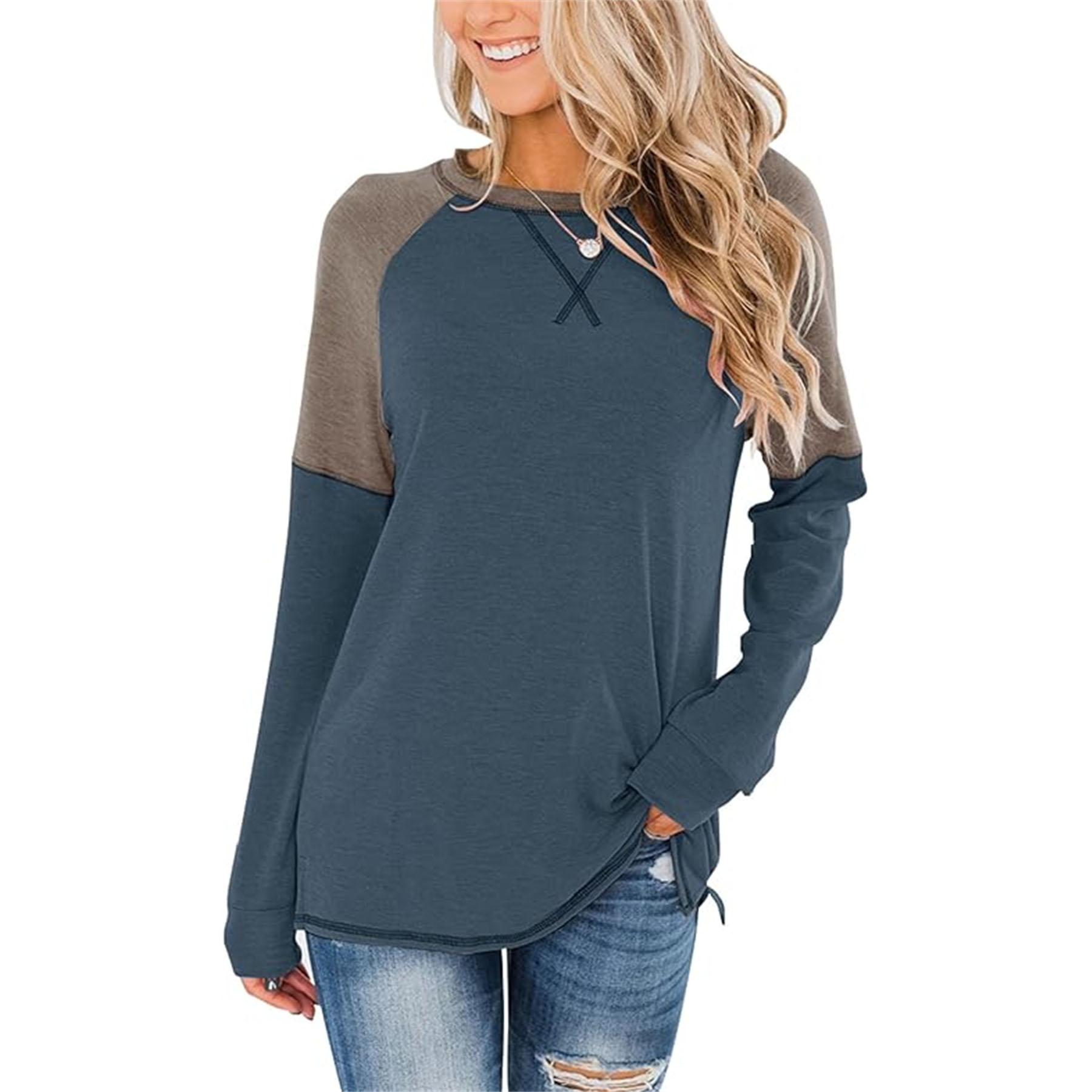 Women's Crew Neck Color Block Blouse 24