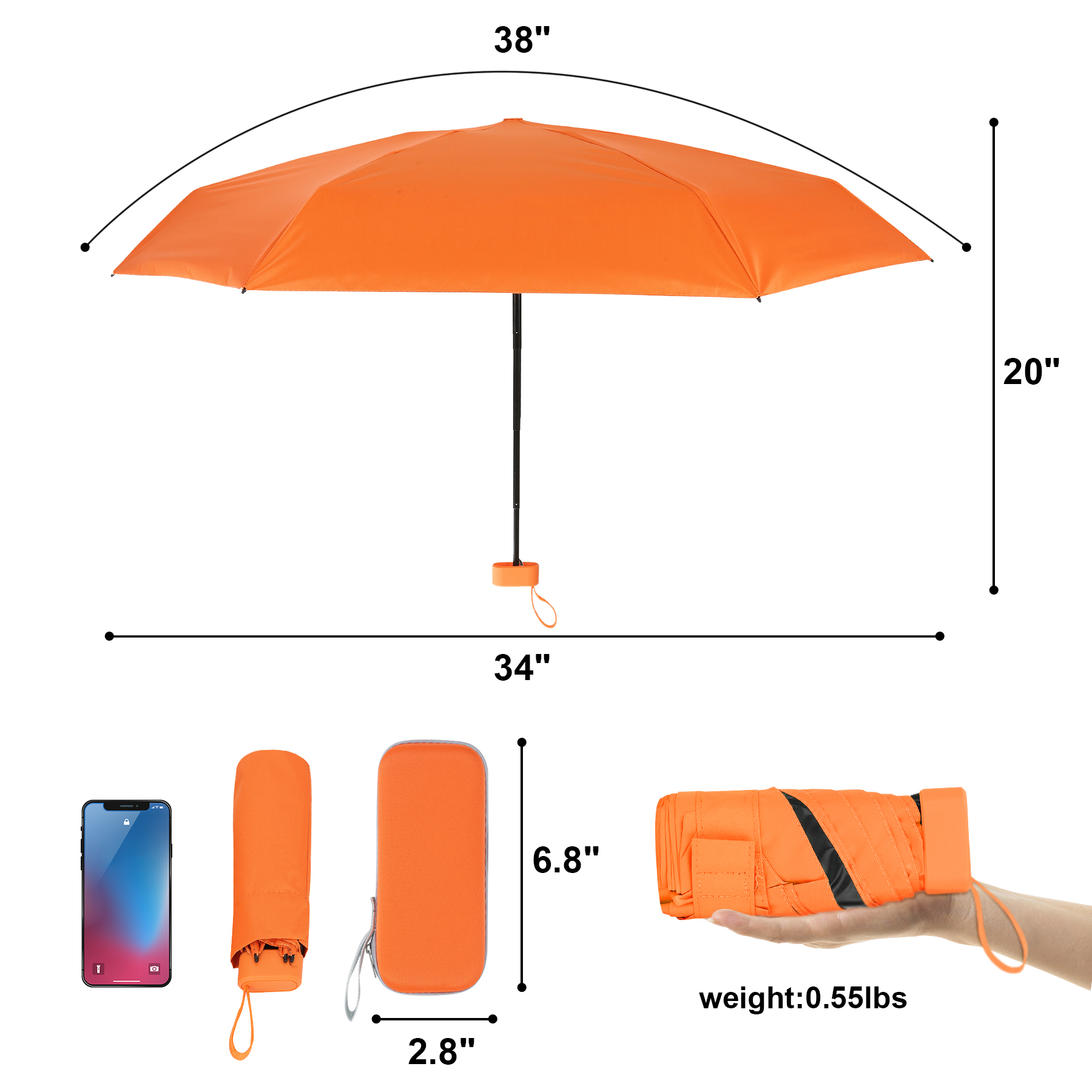 38" Arc Mini Folding Travel Umbrella with Case 5