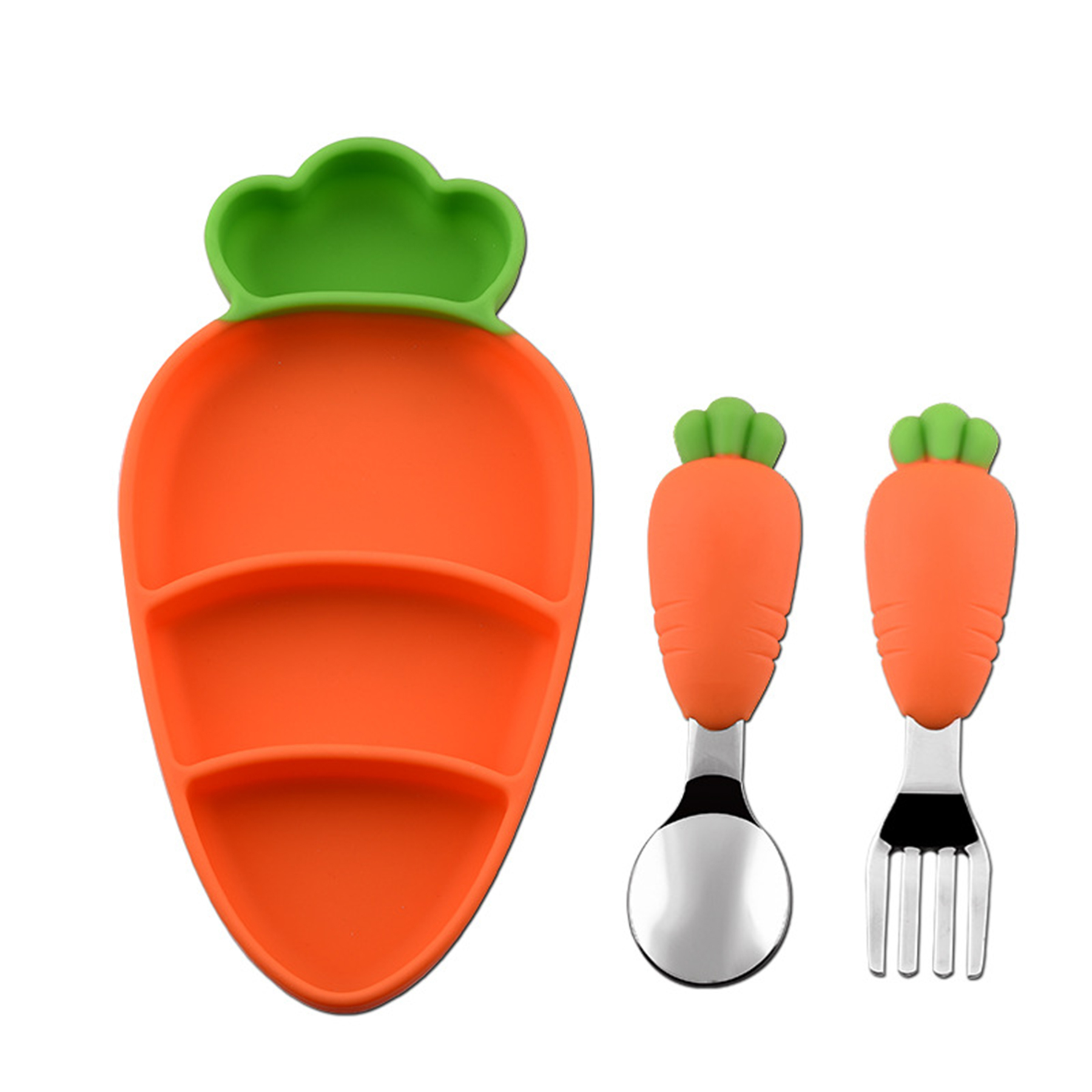 Kids Carrot Silicone Portion Plates Forks Spoons 2