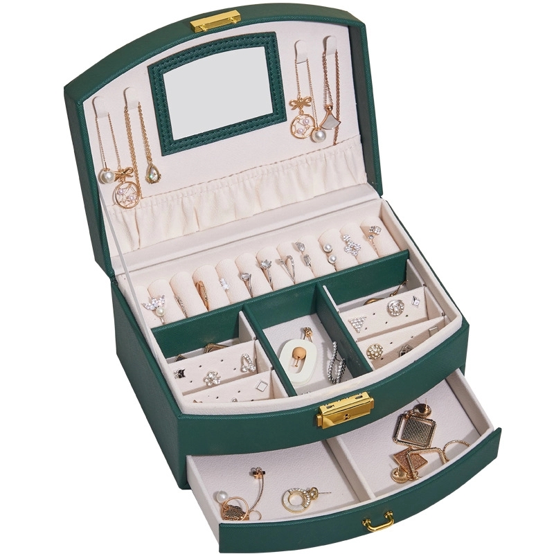 Custom 2-Layer PU Jewelry Organizer Box with Drawer & Mirror 3