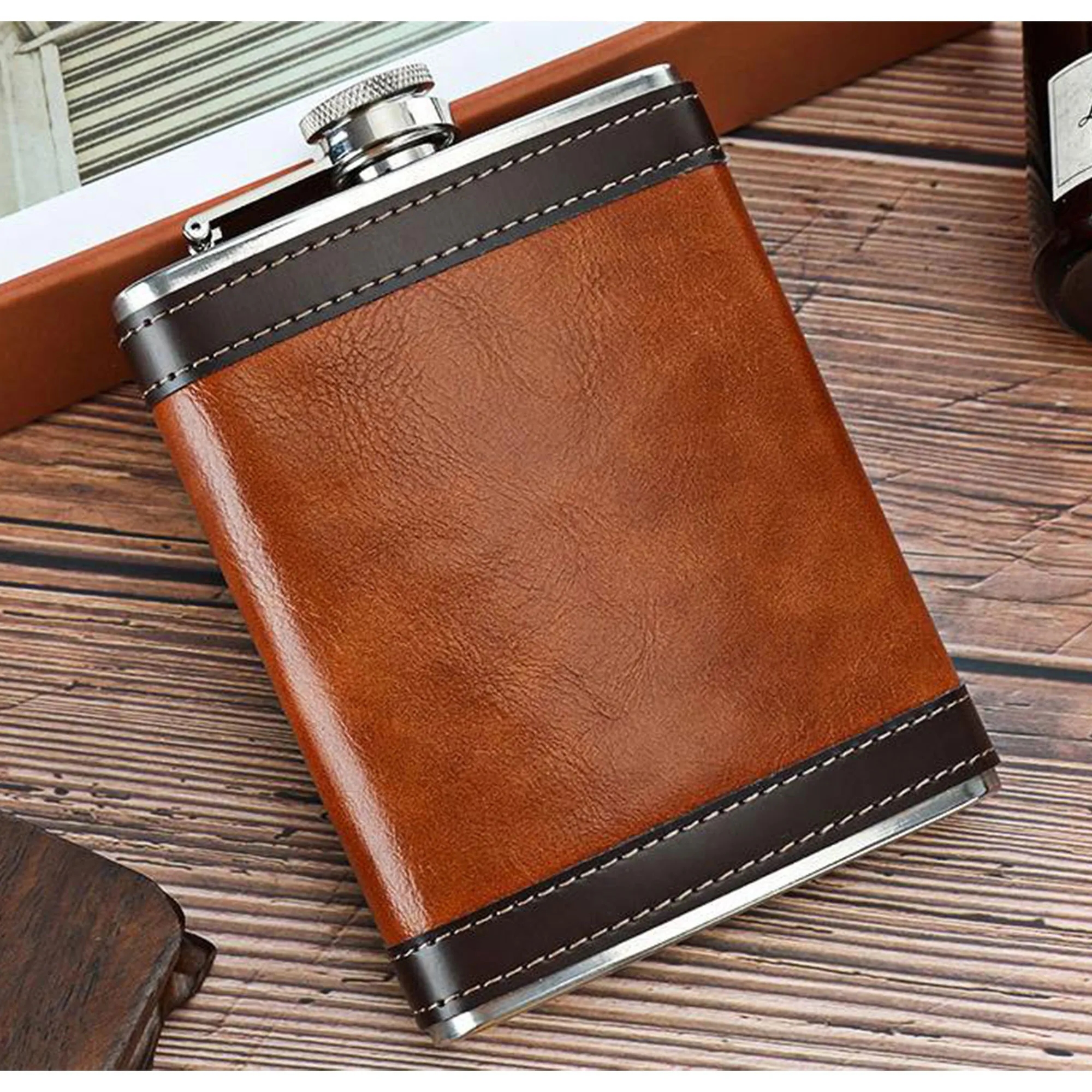 8 oz. Leather Wrapped Stainless Steel Flask, custom water bottle with logo imprint 3