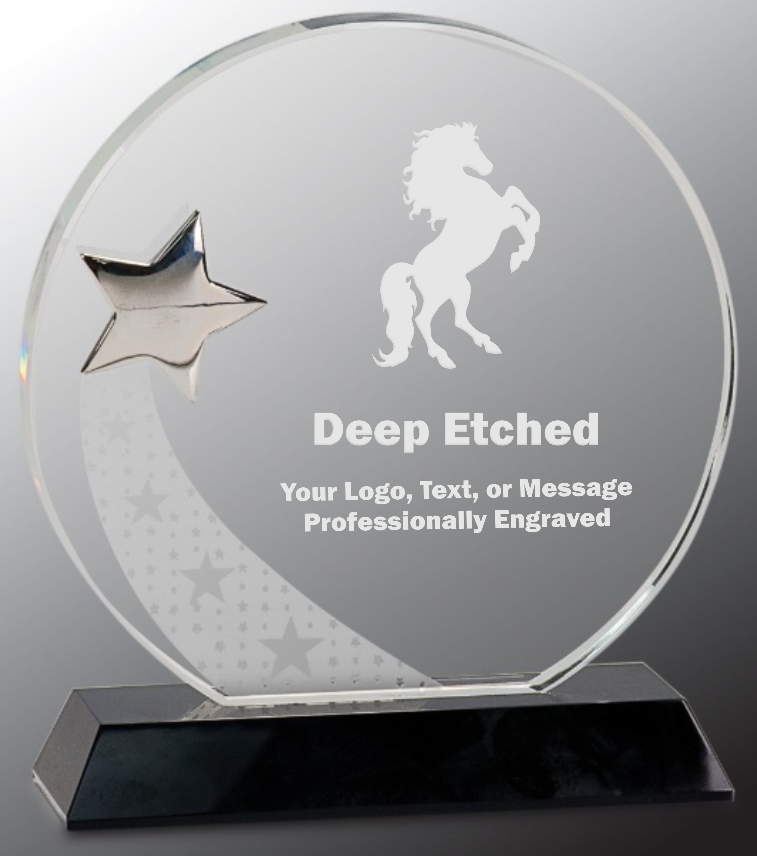 7 1/4" Round Crystal Award with Silver Star on Black Pedestal Base