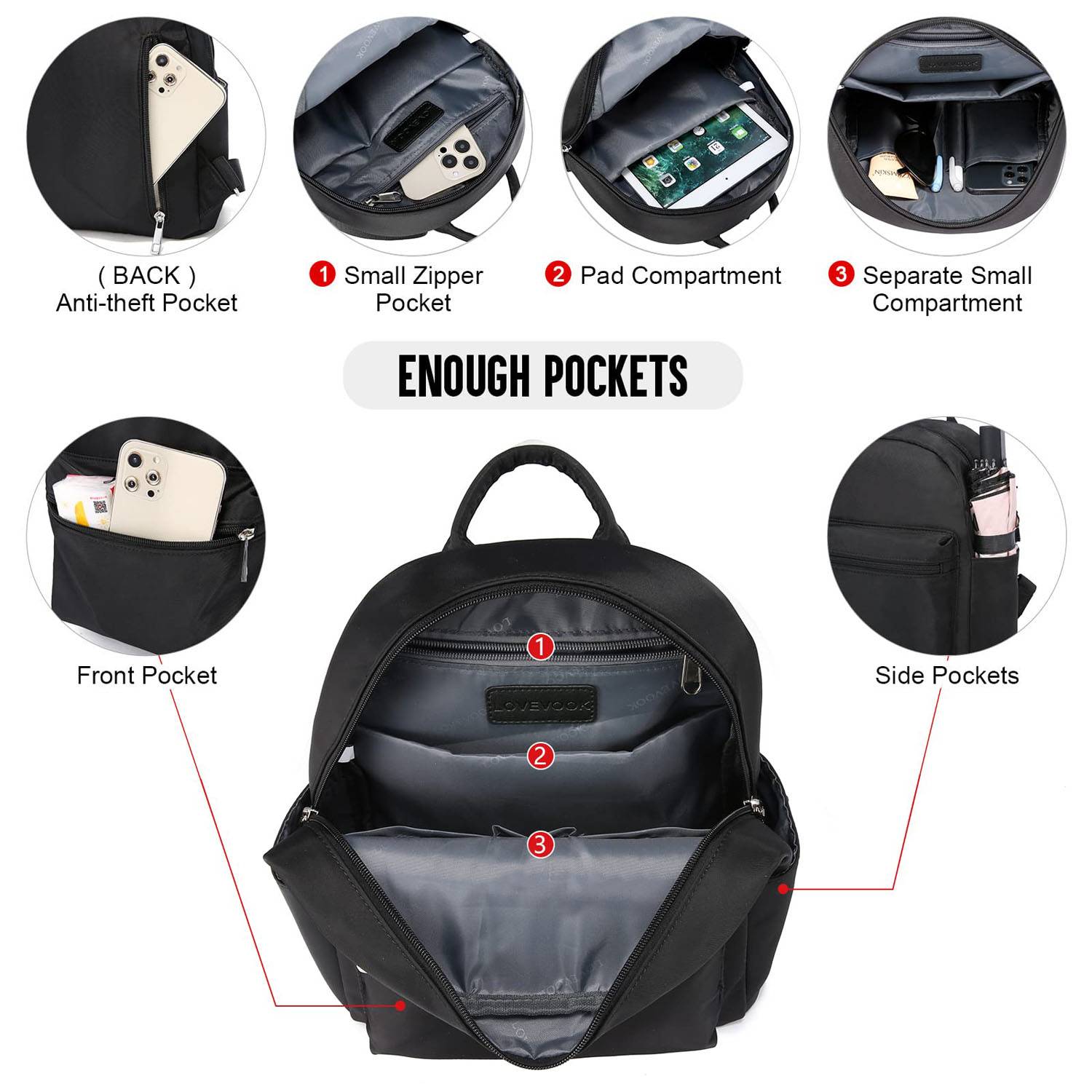 Women Compact Waterproof Multi-Pockets Nylon Backpack 5