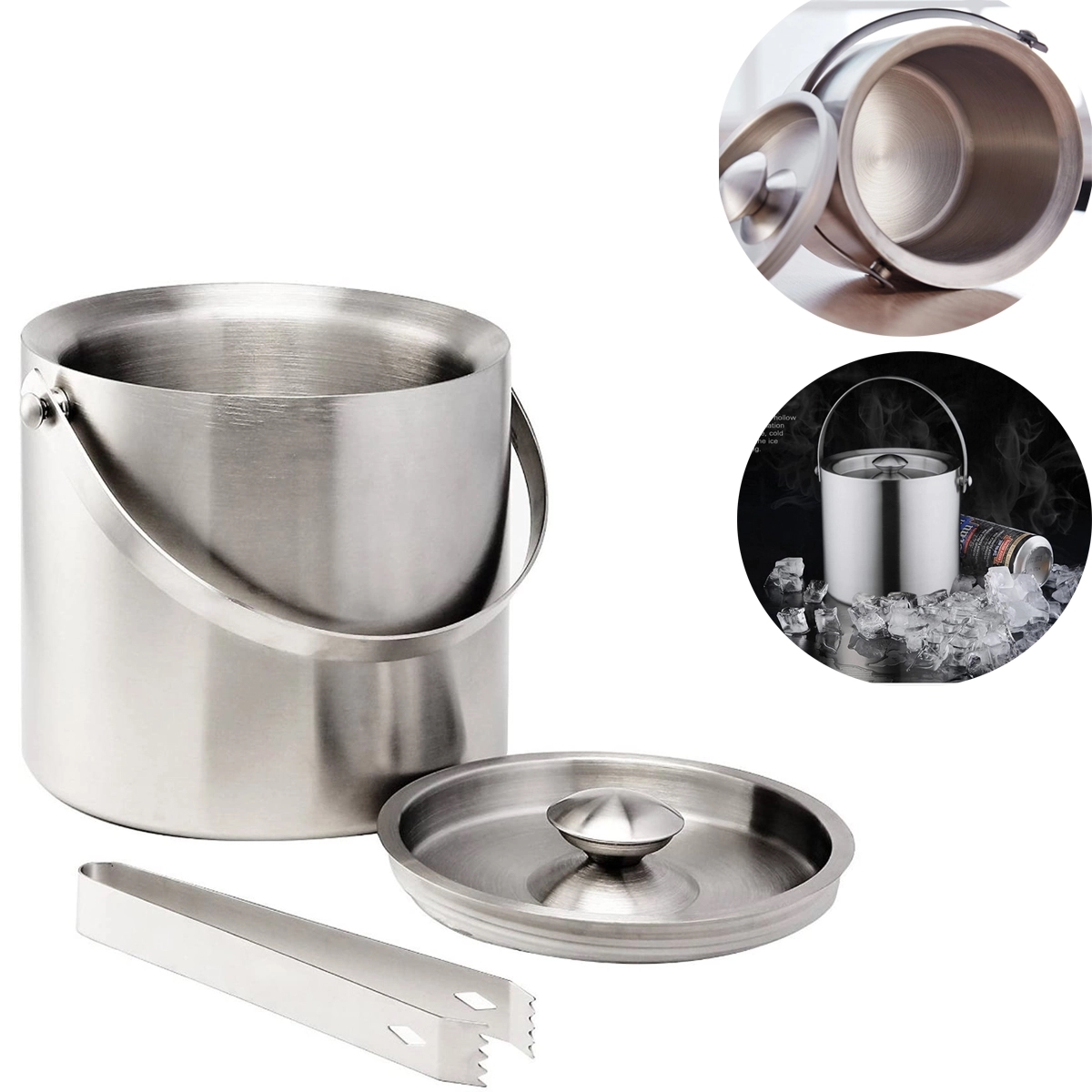 3L Double-wall Ice Bucket with Lid and Tong 2