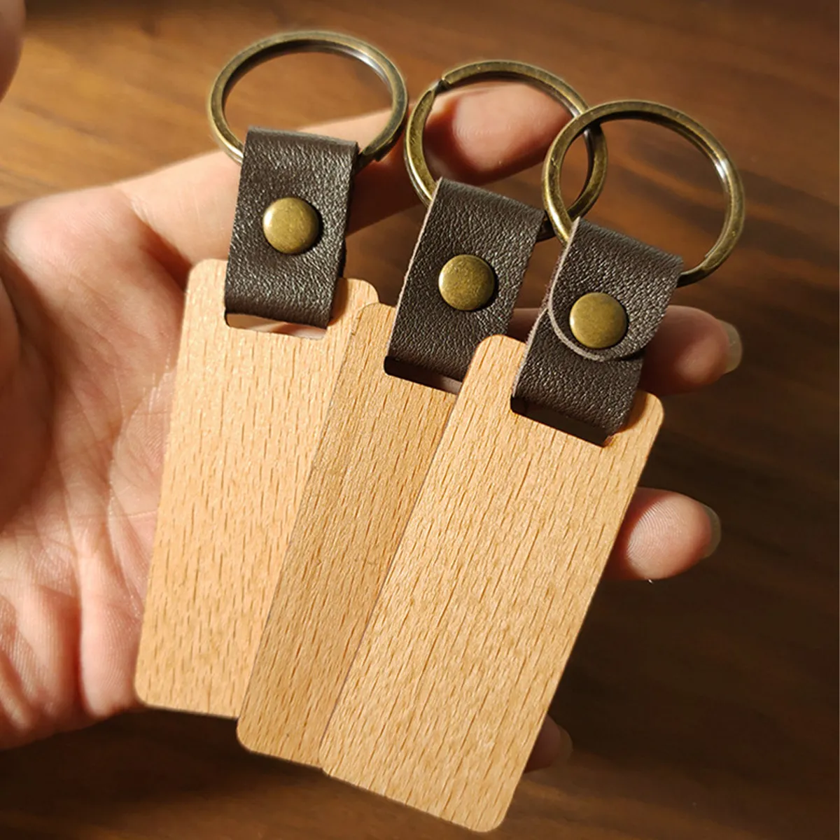Wooden Keychain With Imitation Leather And Iron Findings 2