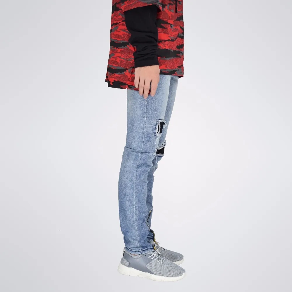 Men's Zipper Slim Fit Ripped Biker Jeans with Pleated Patch 2