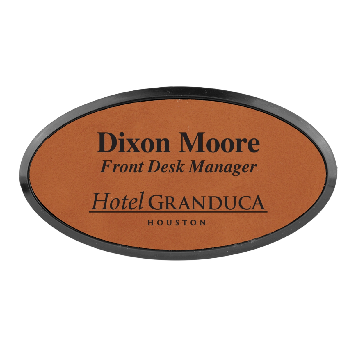Laser Engraved Leatherette Oval Framed Badge 3" x 1 1/2" 8