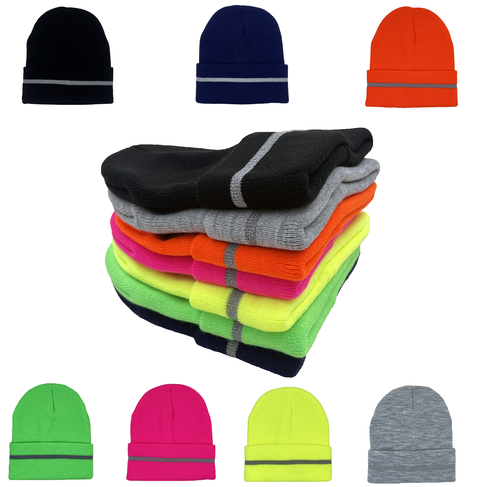Acrylic Reflective Stripe Knitted Cuffed Safety Beanie 2