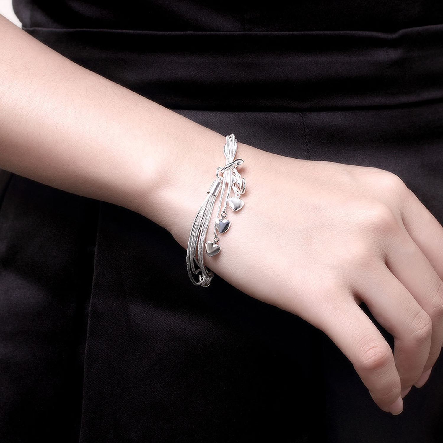 925 Sterling Silver Five-Line Chain with Five-Heart Bracelet 2