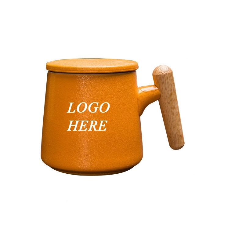 Custom 13.5oz bamboo handle ceramic mug with strainer 7