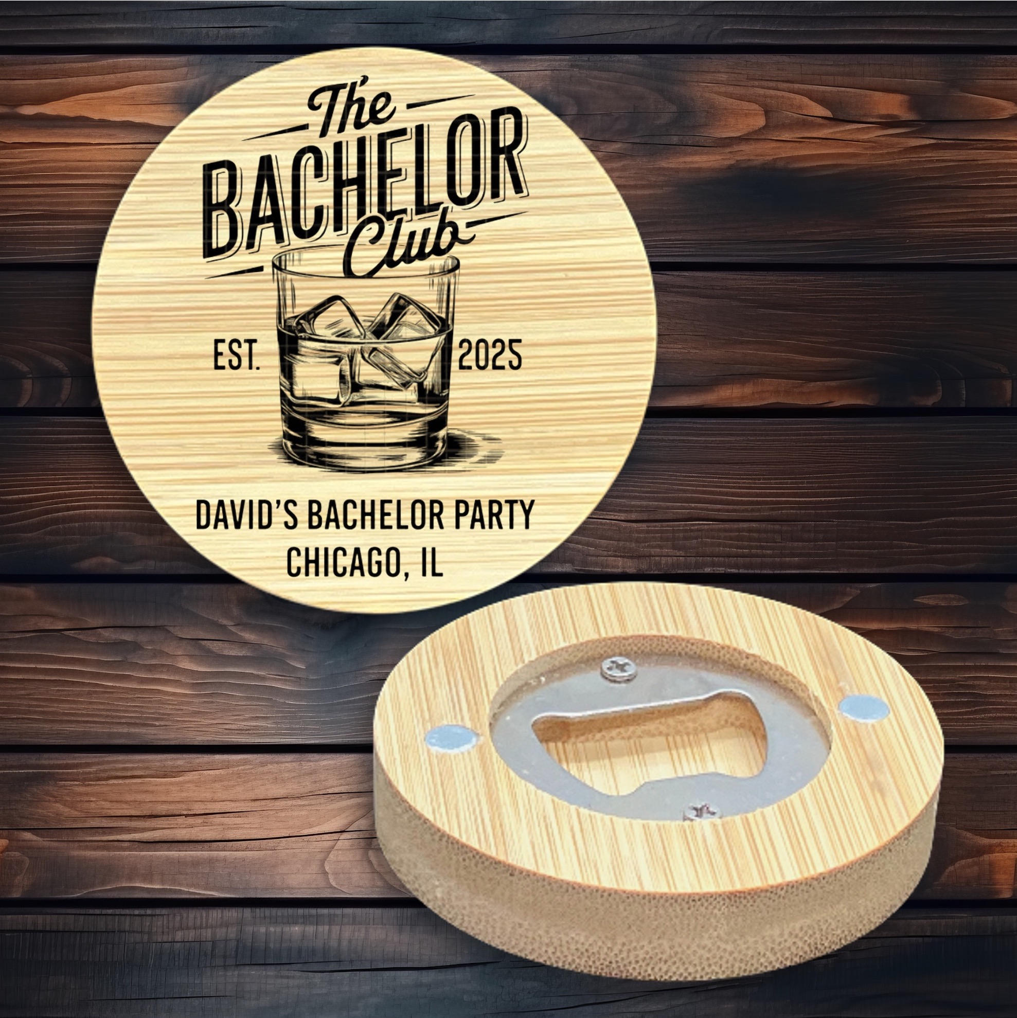 2.5" Round BAMBOO Bottle Opener Magnet 44