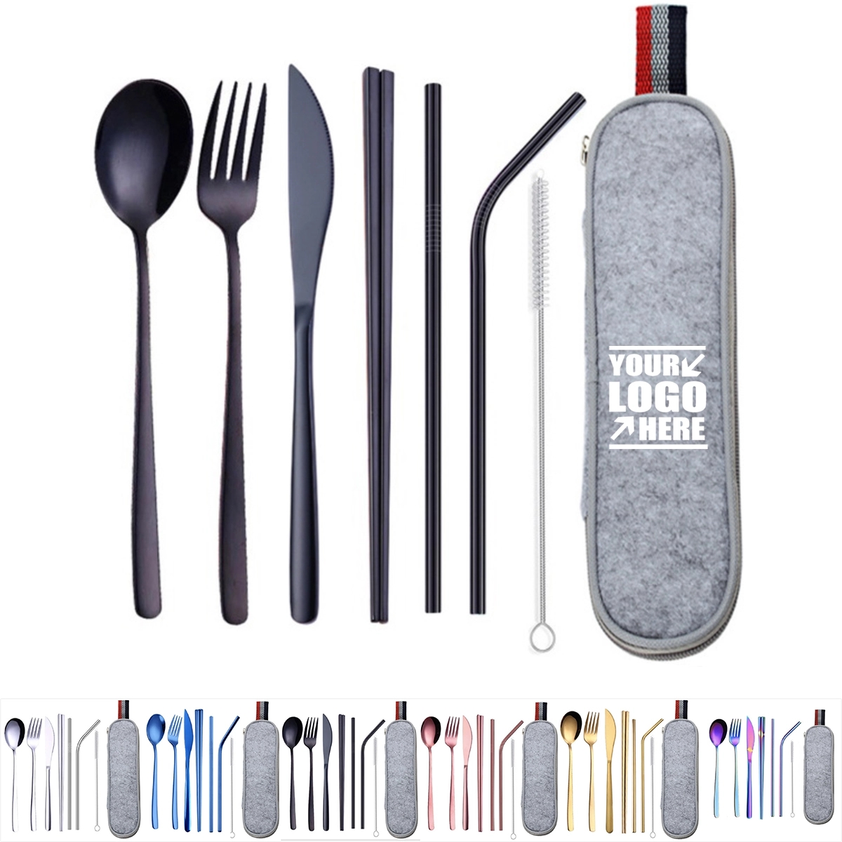 Portable 7 pcs Stainless Steel Cutlery Set w/Felt Bag 2