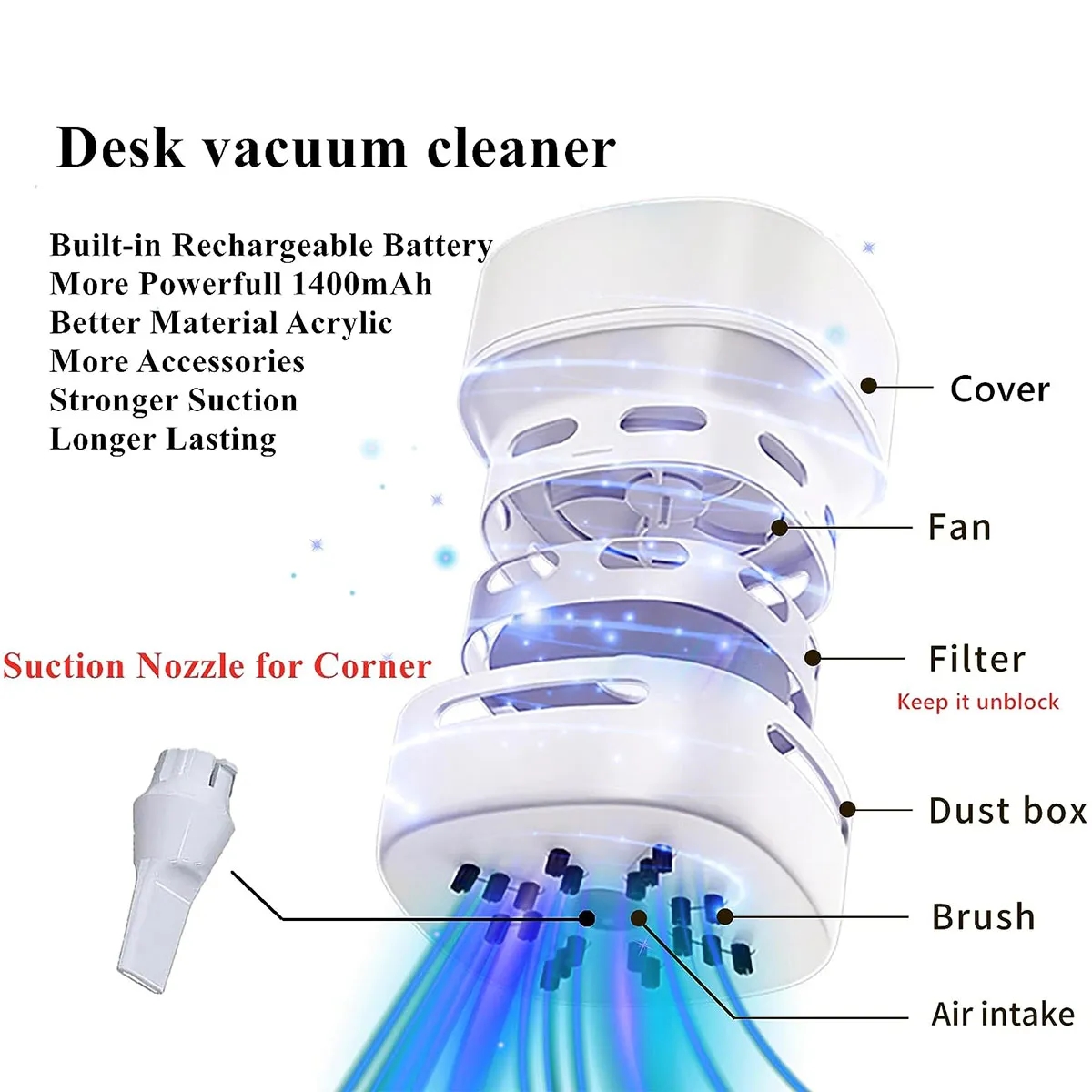 Desktop Vacuum Cleaner with Lamp Wirleess charging Fan Alarm 6