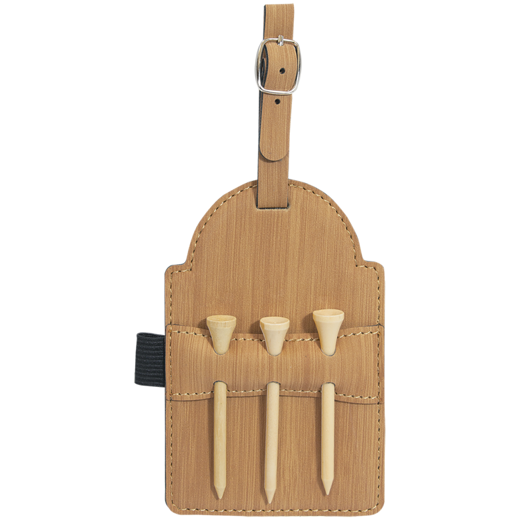 5" x 3 1/4" Bamboo Leatherette Golf Bag Tag with 3 Wooden Tees 2