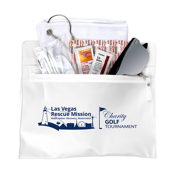 "LAYOVER" 16 Piece Golf Kit in Travel Pack with Components inserted into Zipper Kit 15