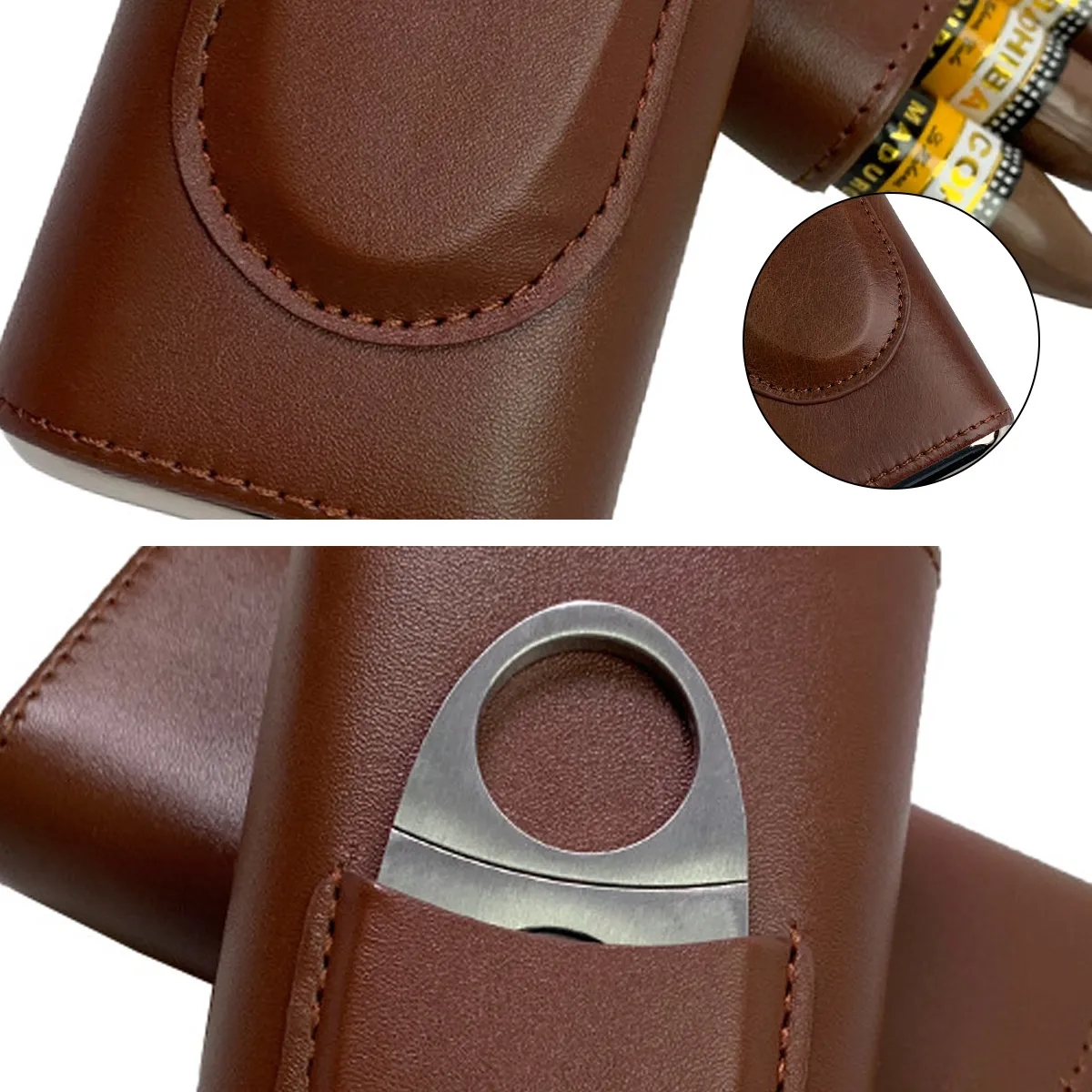 Travel Leather Cigar Case With Cutter Gift Set 4