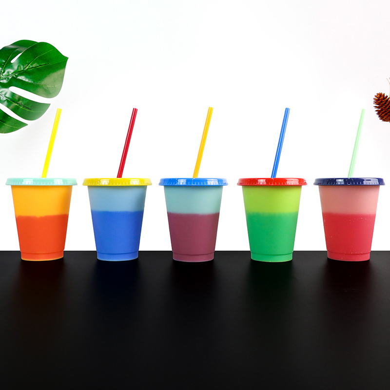 16OZ Reusable Color Changing Plastic Cups w/Lids and Straws 11