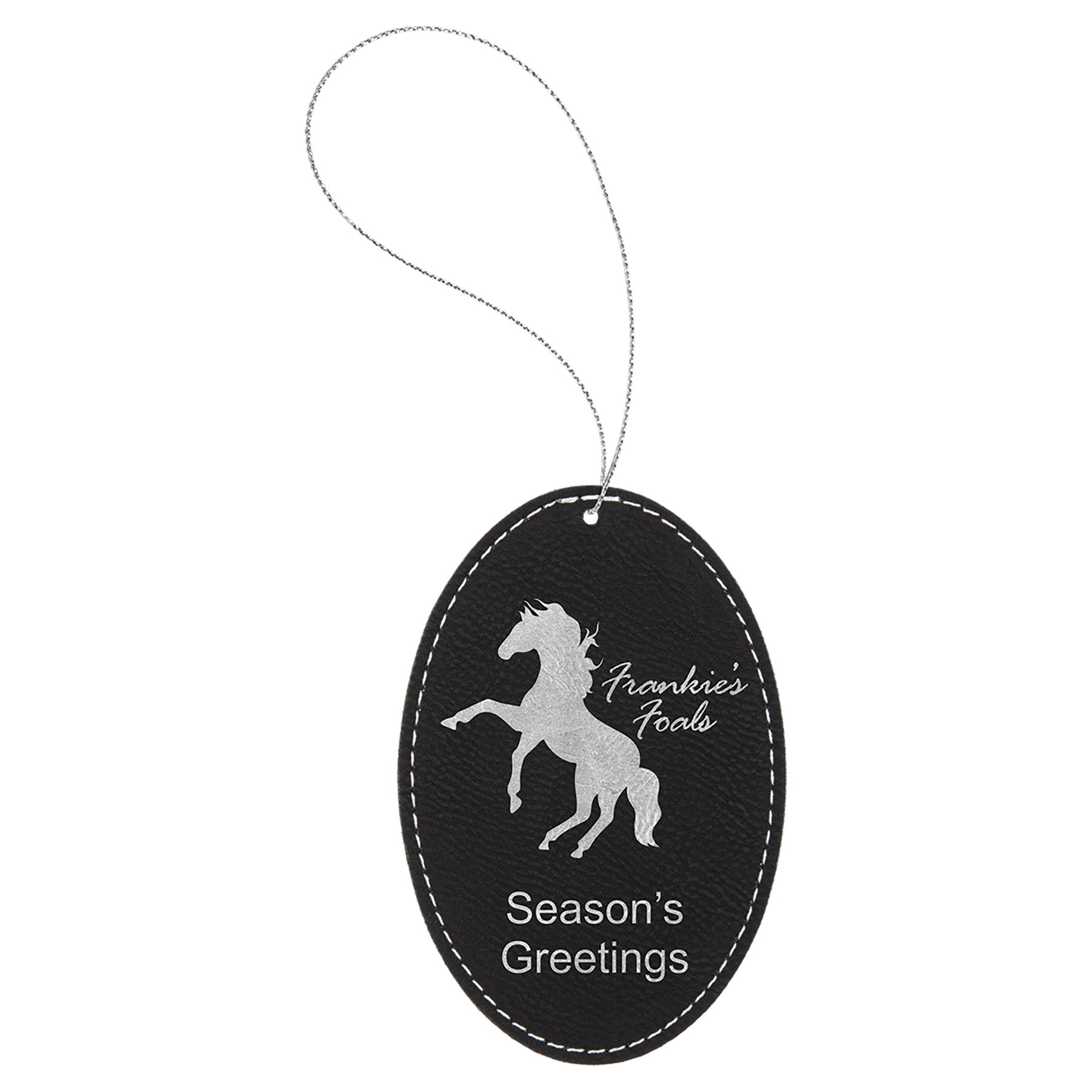 Light Brown Laserable Leatherette Oval Ornament w/Silver String 8