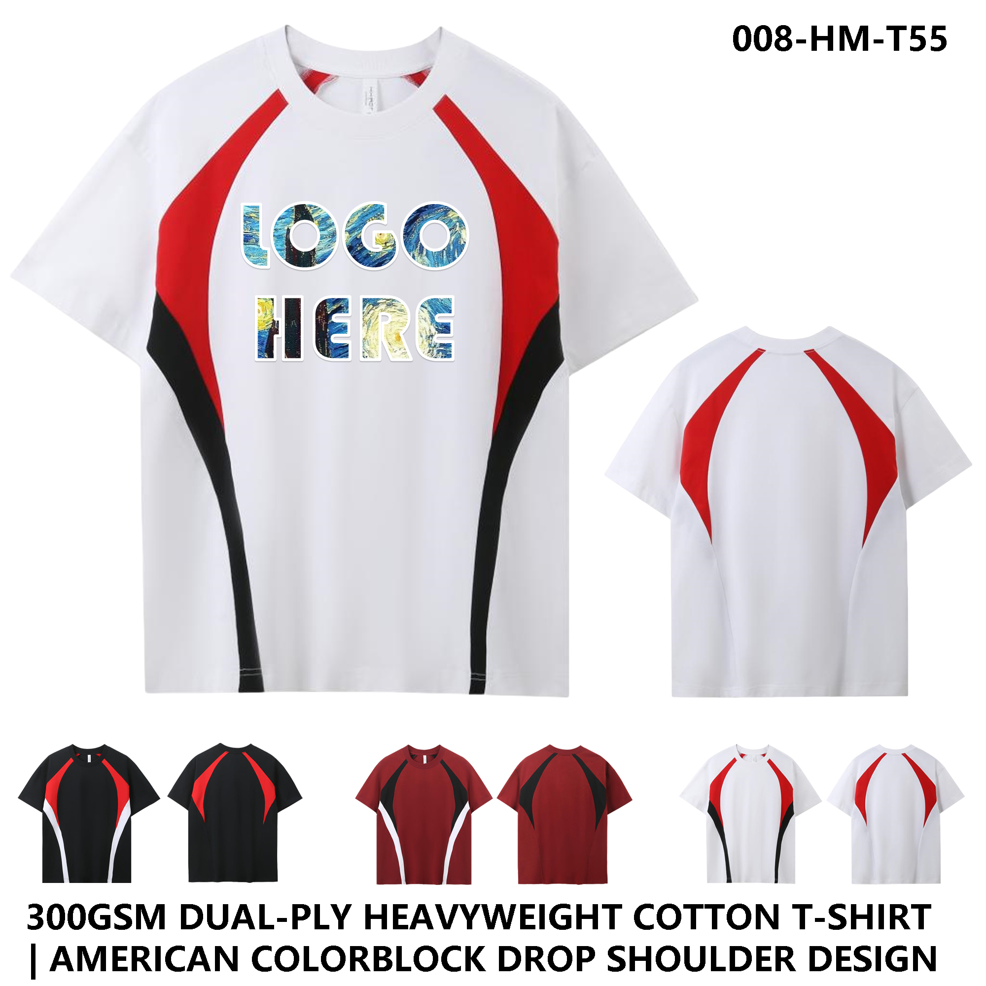 300g Double Yarn Heavyweight Cotton Tee - American Patchwork Unisex Drop Shoulder 1