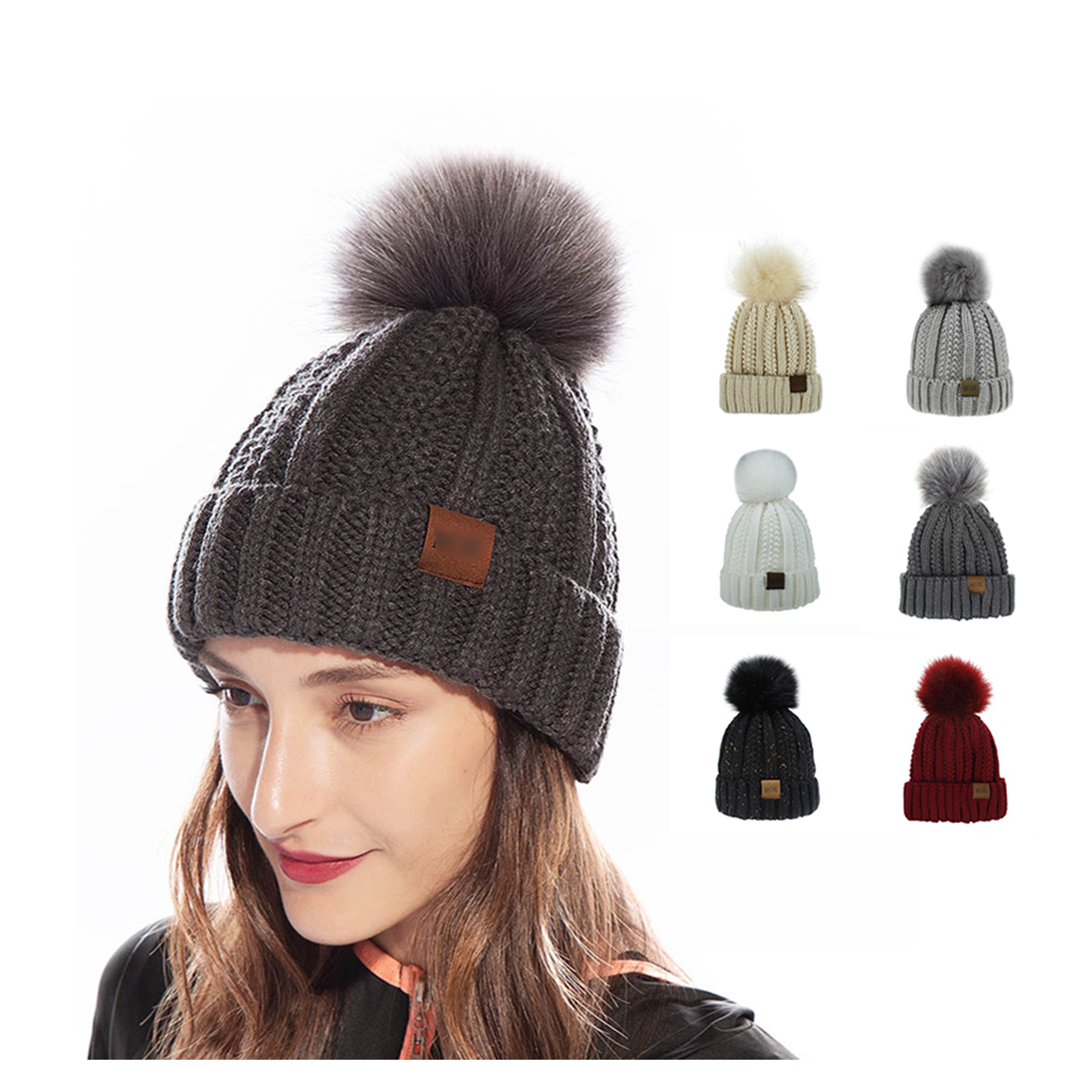 Adult Winter Knitted Hat Fur Pom Knit Beanie 4